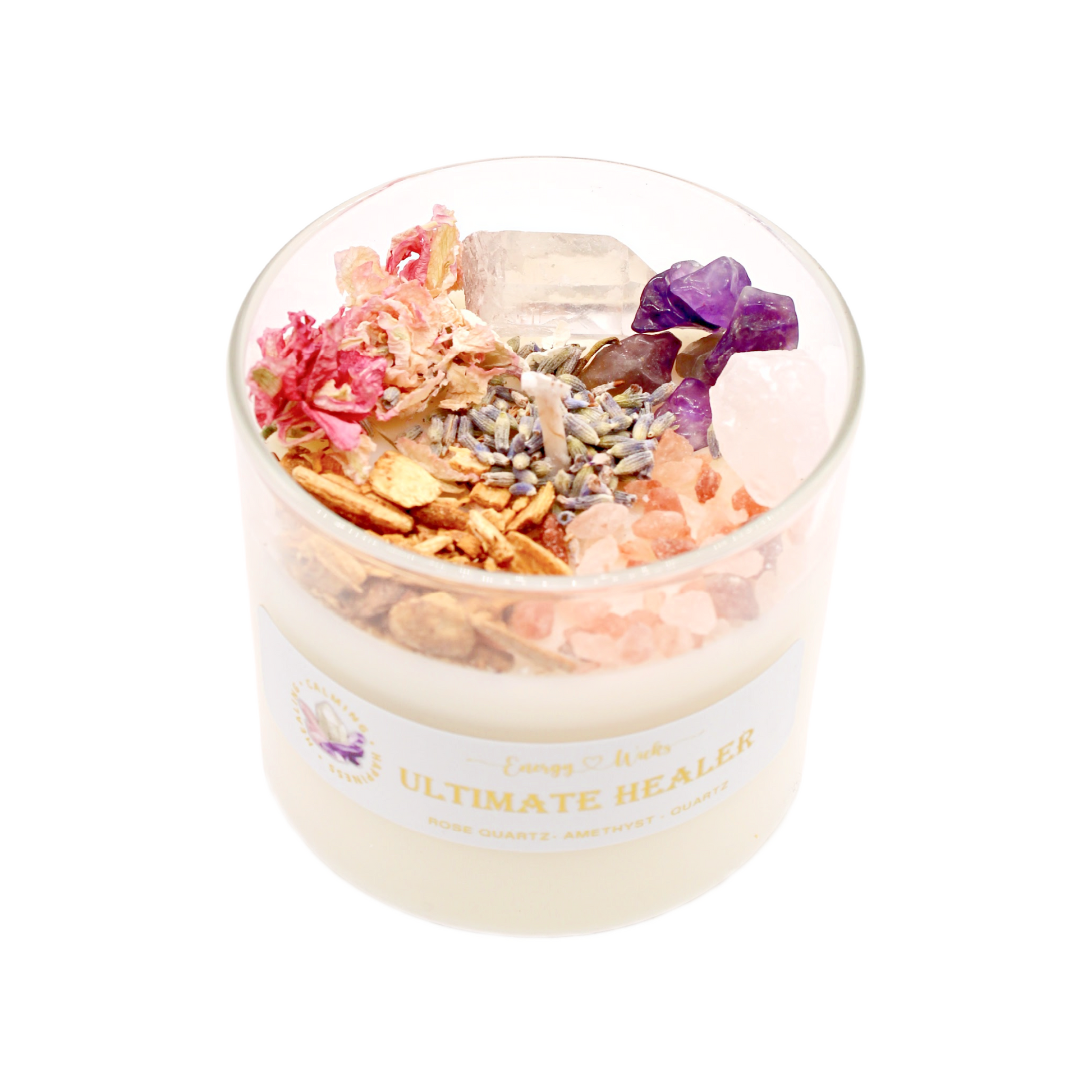 Ultimate Healer Crystal Candle in a simple clear jar container, adorned with rose quartz and amethyst stones, designed to promote purity, peace, and love. Also empowered with lavender, rose, palo santo, and more. Bath and Body Works Pure Paradise replica scent. Available in three sizes: 1 wick/6oz, 2 wicks/10oz, and 3 wicks/16oz.