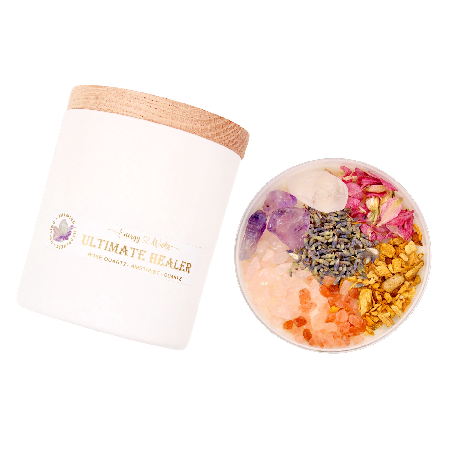 Ultimate Healer Crystal Candle in a sleek white jar container, adorned with rose quartz and amethyst stones, designed to promote purity, peace, and love. Also empowered with lavender, rose, palo santo, and more. Bath and Body Works Pure Paradise replica scent. Available in three sizes: 1 wick/6oz, 2 wicks/10oz, and 3 wicks/16oz.