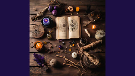 AI generated image of a beginner witch kit spread over a rustic background to include a journal, incense, candles, lavender, crystals, and essential oils.