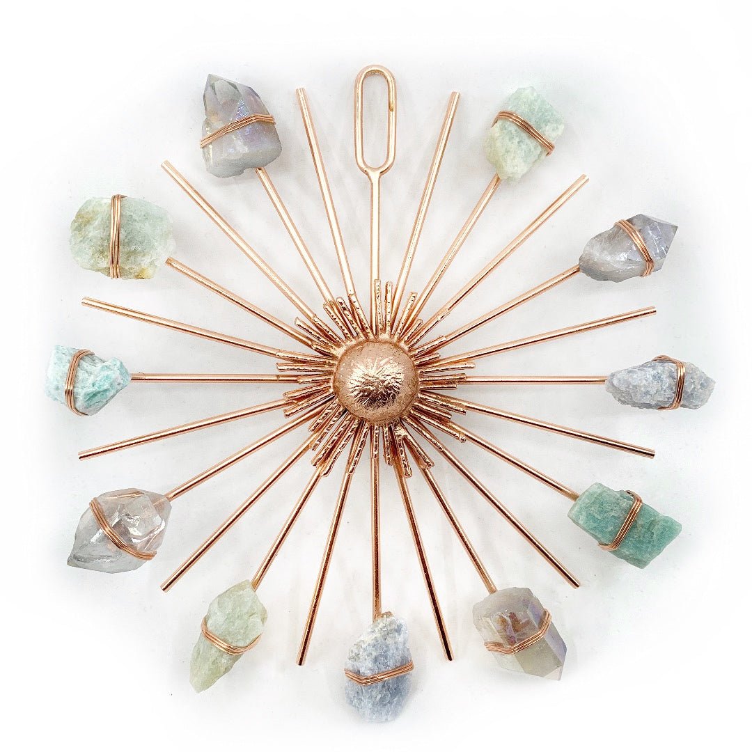 Dreamy Beach House Aesthetic Crystal Grid - Aura Quartz, Blue Calcite, Aquamarine, Amazonite