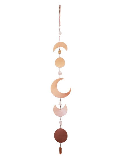 Celestial Moon Phase Wall Hanging with Semi-Precious Gemstones, 6" L x 42" H, Handmade in NYC