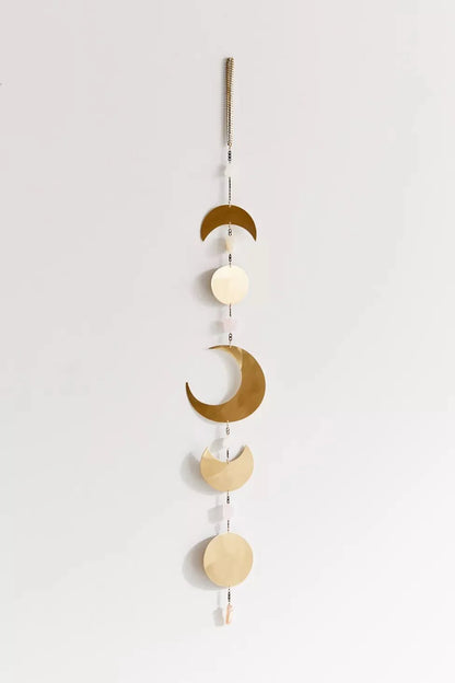 Celestial Moon Phase Wall Hanging with Semi-Precious Gemstones, 6" L x 42" H, Handmade in NYC