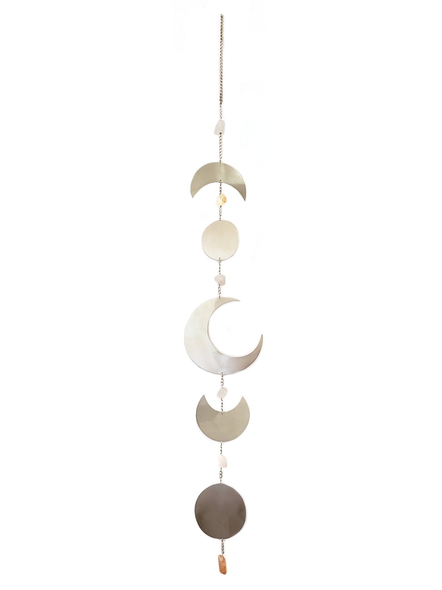 Celestial Moon Phase Wall Hanging with Semi-Precious Gemstones, 6" L x 42" H, Handmade in NYC