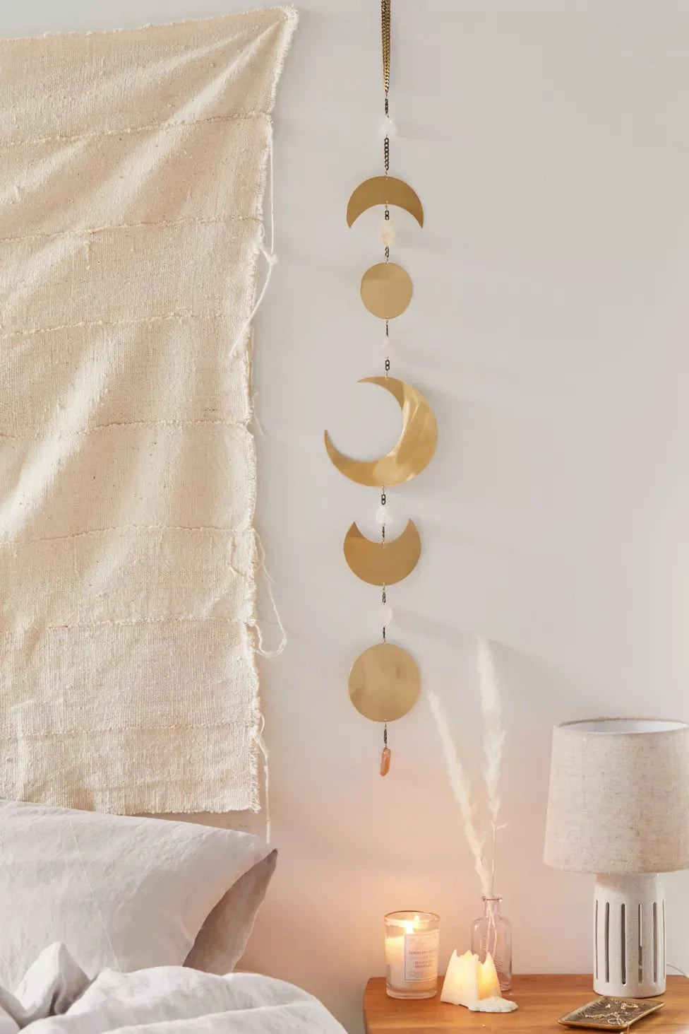 Celestial Moon Phase Wall Hanging with Semi-Precious Gemstones, 6" L x 42" H, Handmade in NYC