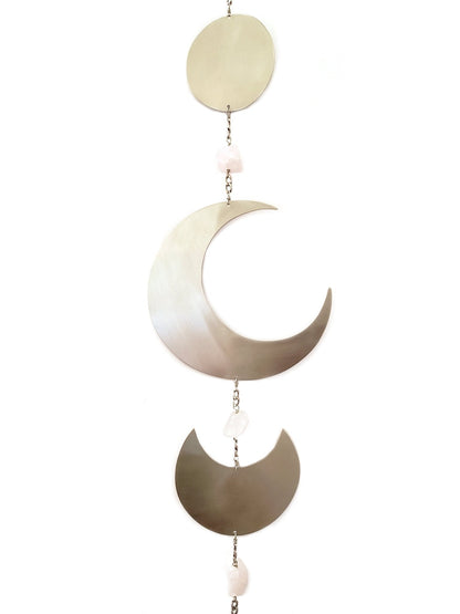 Celestial Moon Phase Wall Hanging with Semi-Precious Gemstones, 6" L x 42" H, Handmade in NYC